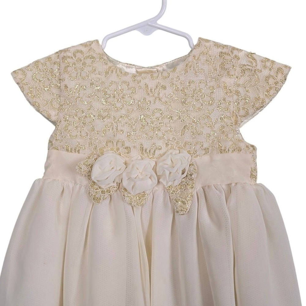 Penelope Mack Special Occasion Dress Girls 2T Cream Gold Metallic Lace Rosette - Picture 3 of 12